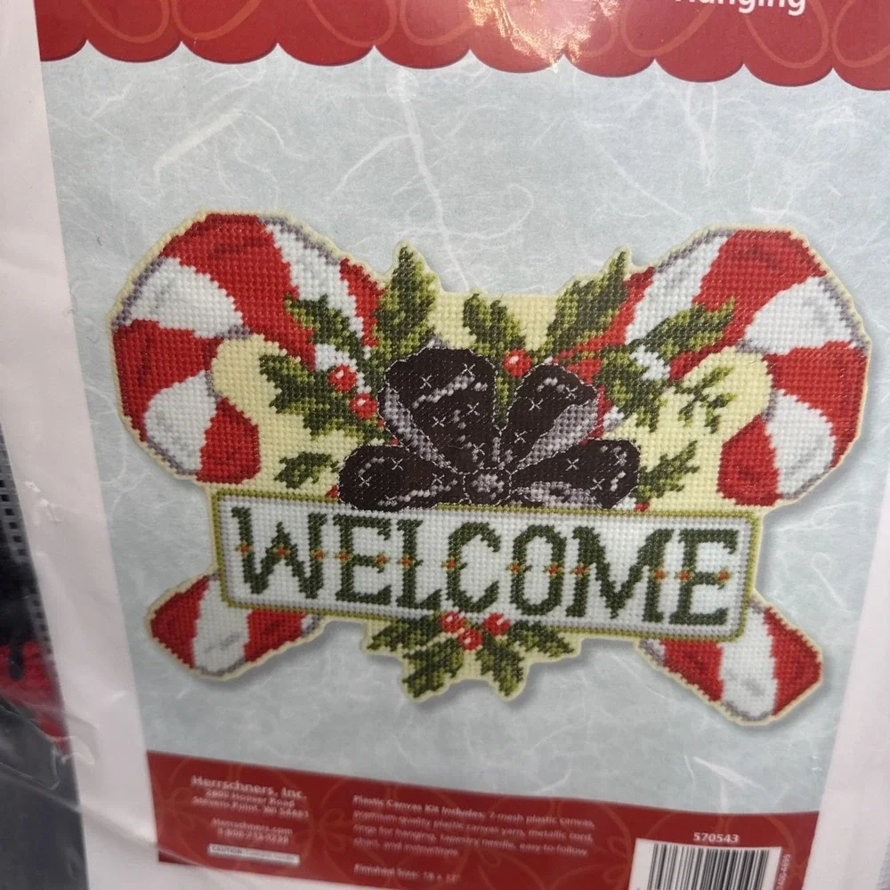 Herrschners Plastic Canvas Candy Cane Welcome Wall Hanging 18 X 12